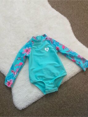 Hurley Kids Long Sleeve Turquoise Floral Rash Guard Swimsuit